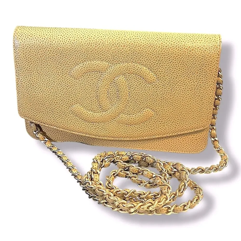 CHANEL AUTH Tan Leather Cavier Shoulder or Crossbody Bag with Gold Chain